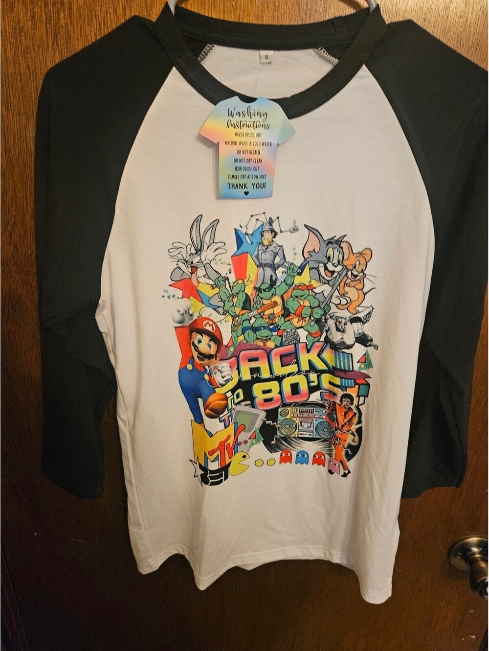 Back to the 80s Graphic Raglan Baseball Tee Shirt with Classic Cartoon and Video